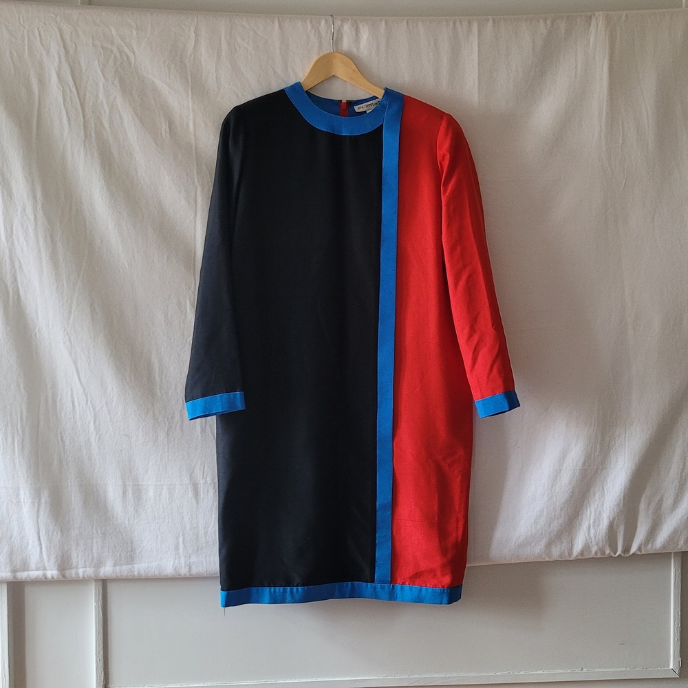 100% Silk Vintage Colorblock Shift Dress in Black, Red & Teal